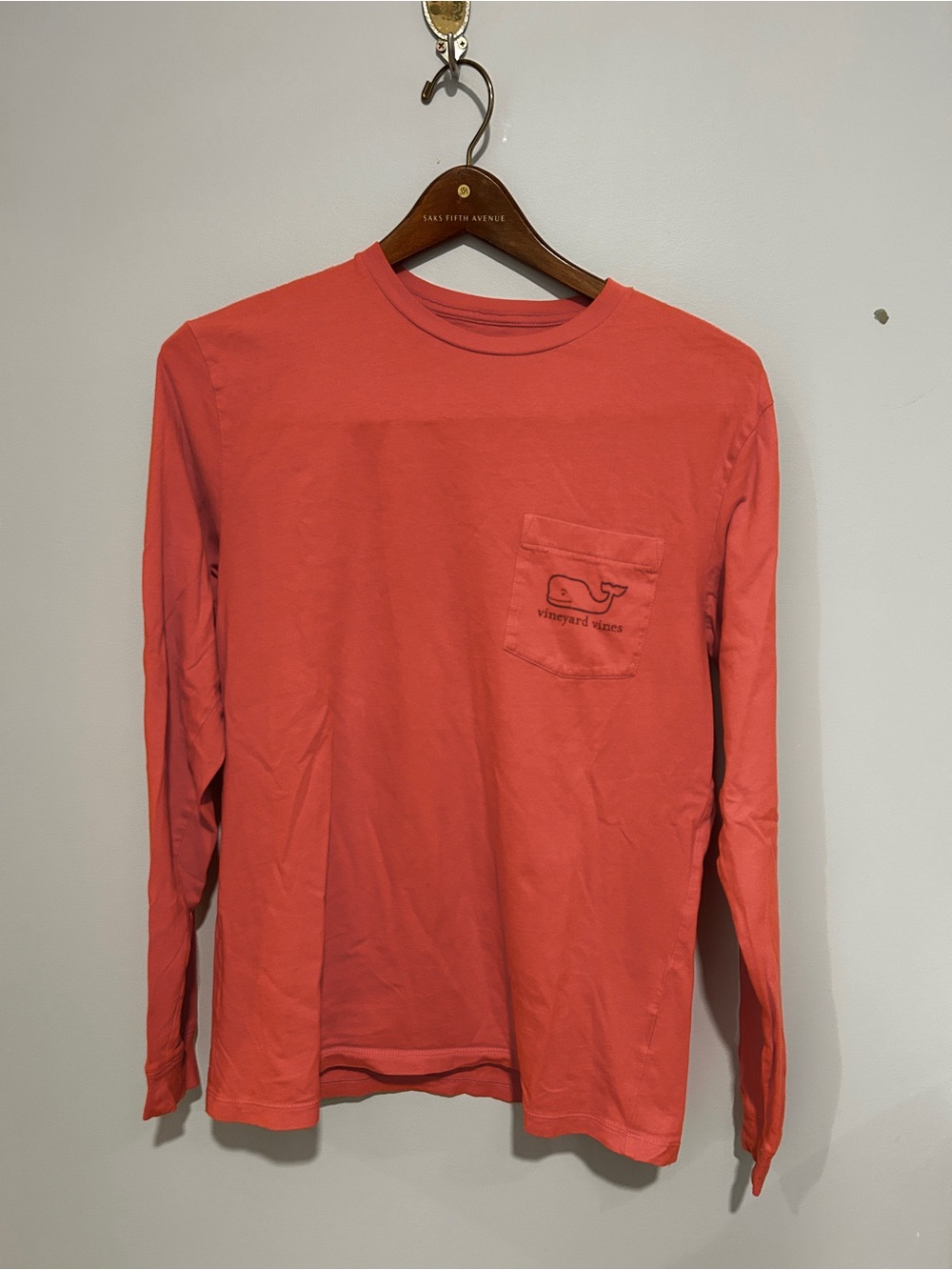 Vineyard Vines Coral Long-Sleeve Pocket Tee with Whale Patch